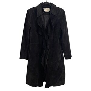 Margaret Godfrey Black Suede Ruffle Front Trench Coat Jacket Womens 14 Collared